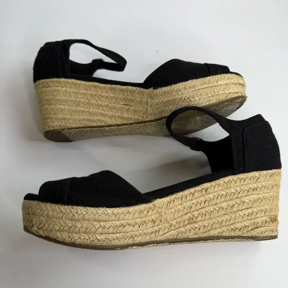 TOMS Black Canvas Peep Toe Jute Wedge Heel‎ Espadrille Sandals Sz 7